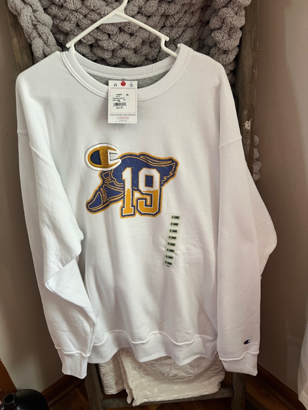 Champion White Crewneck Sweatshirt with Blue and Gold '19 Graphic
